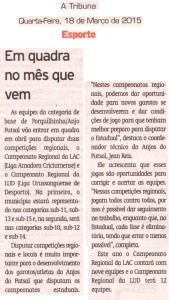 Anjos do Futsal no Jornal A Tribuna - 11/03/2015