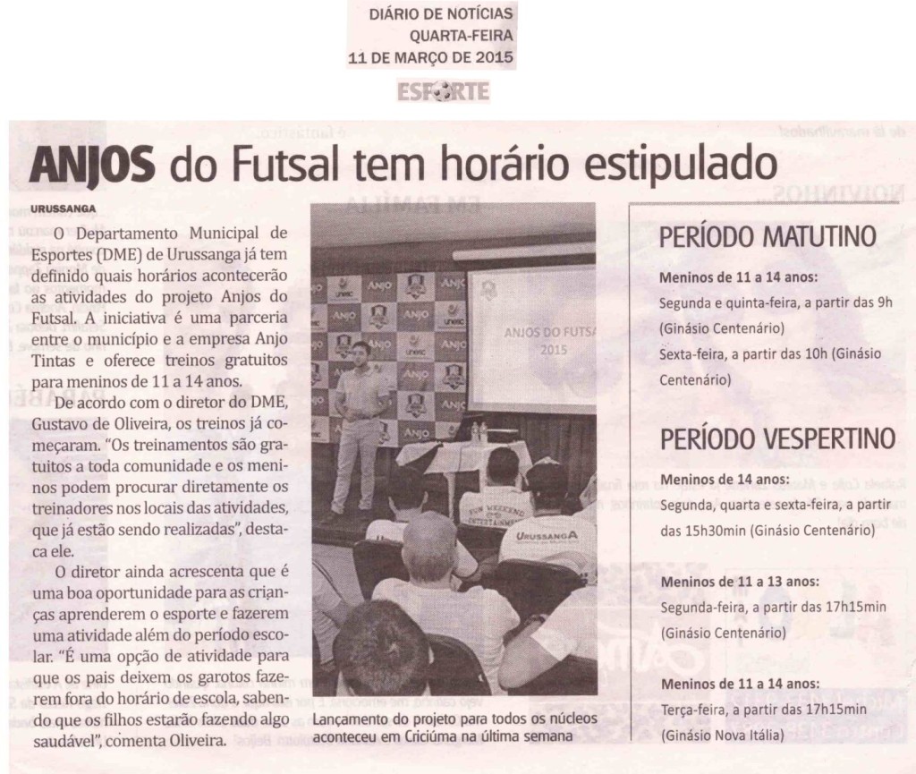 Anjos do Futsal no Jornal Diário de Notícias - 11/03/2015