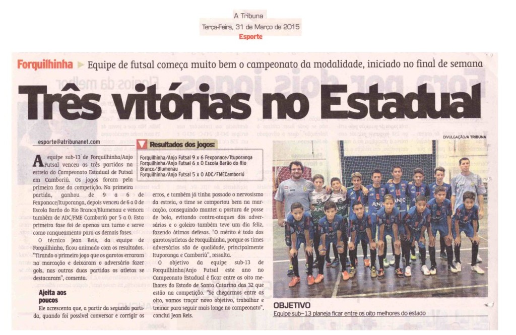 Anjos do Futsal no Jornal A Tribuna no dia 31/03/2015