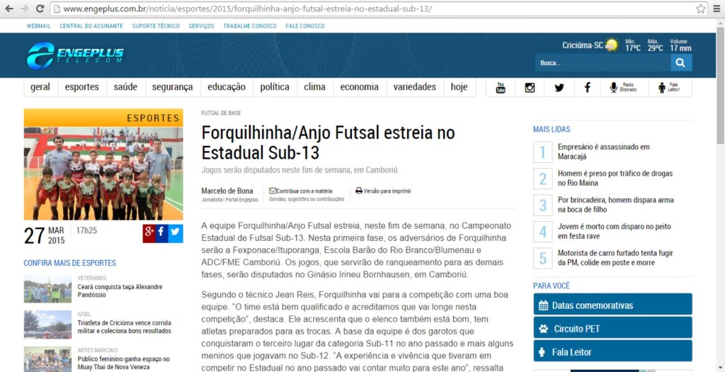 Anjos do Futsal no Portal Engeplus - 27/03/2015