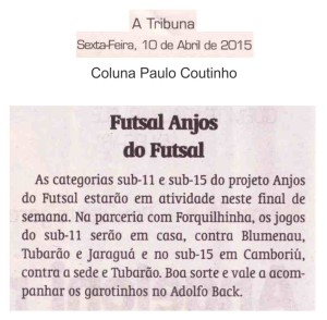 Anjos do Futsal na coluna de Paulo Coutinho no Jornal A Tribuna - 10/04/2015