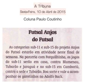 Anjos do Futsal na coluna de Paulo Coutinho no Jornal A Tribuna - 10/04/2015