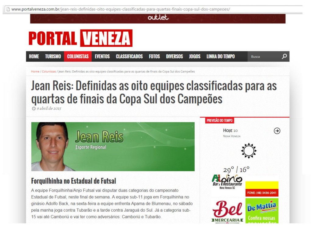 Anjos do Futsal na coluna do Jean Reis no Portal Veneza - 09/04/2015