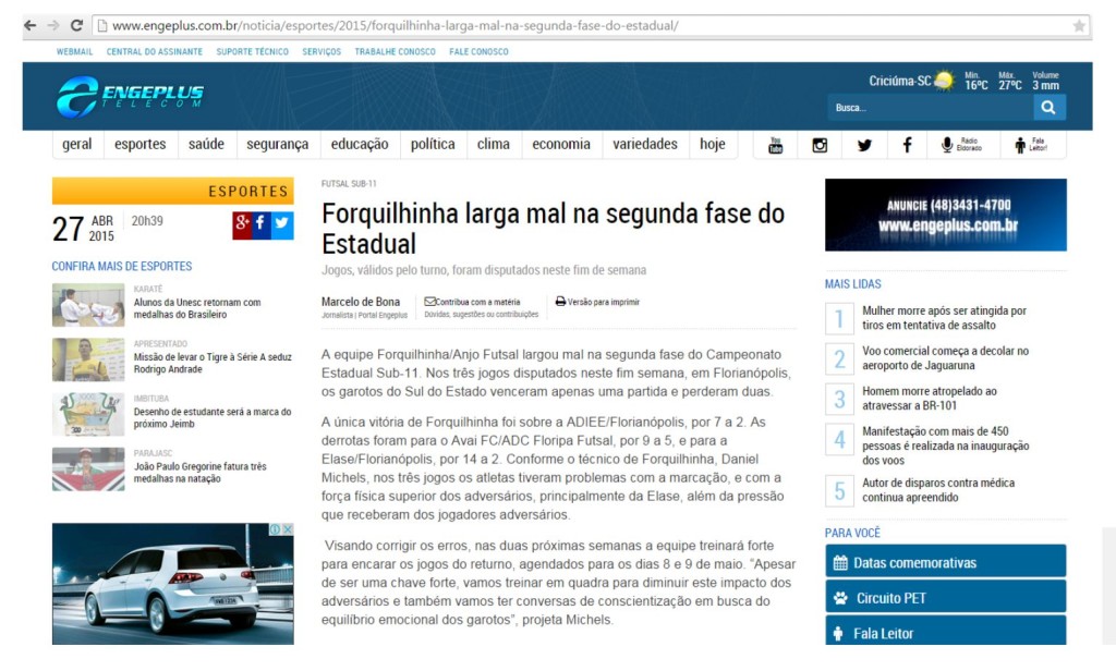 Anjos do Futsal no Portal Engeplus - 27/04/2015