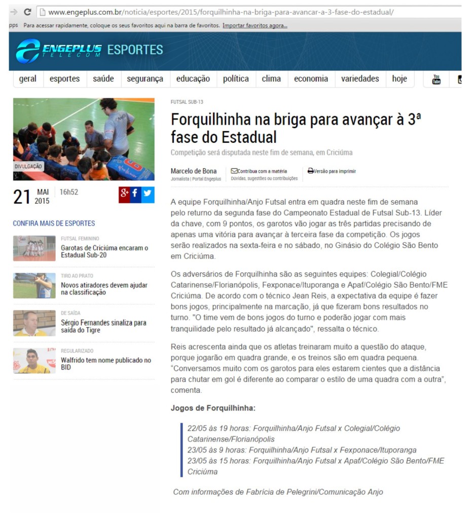 Anjos do Futsal no Portal Engeplus - 21/05/2015
