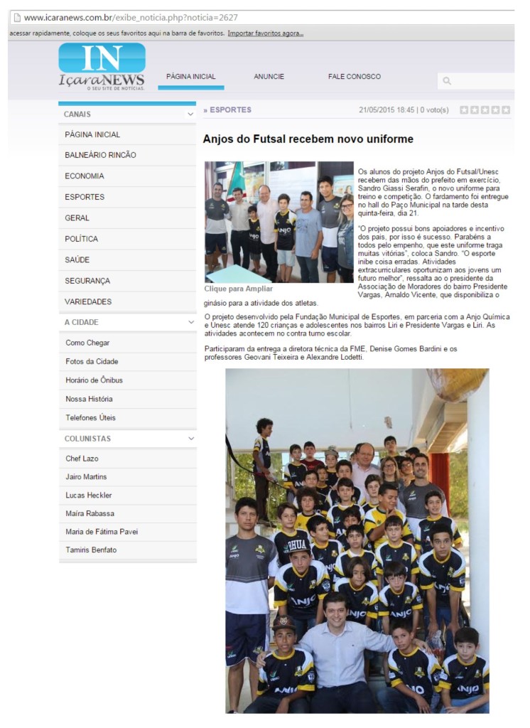 Anjos do Futsal no Portal Içara News - 21/05/2015