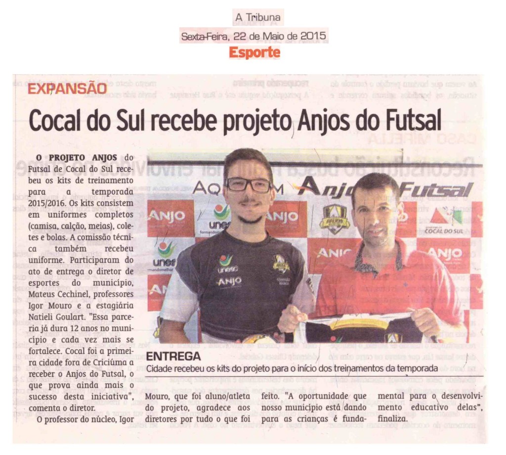 Anjos do Futsal no Jornal A Tribuna - 22/05/2015