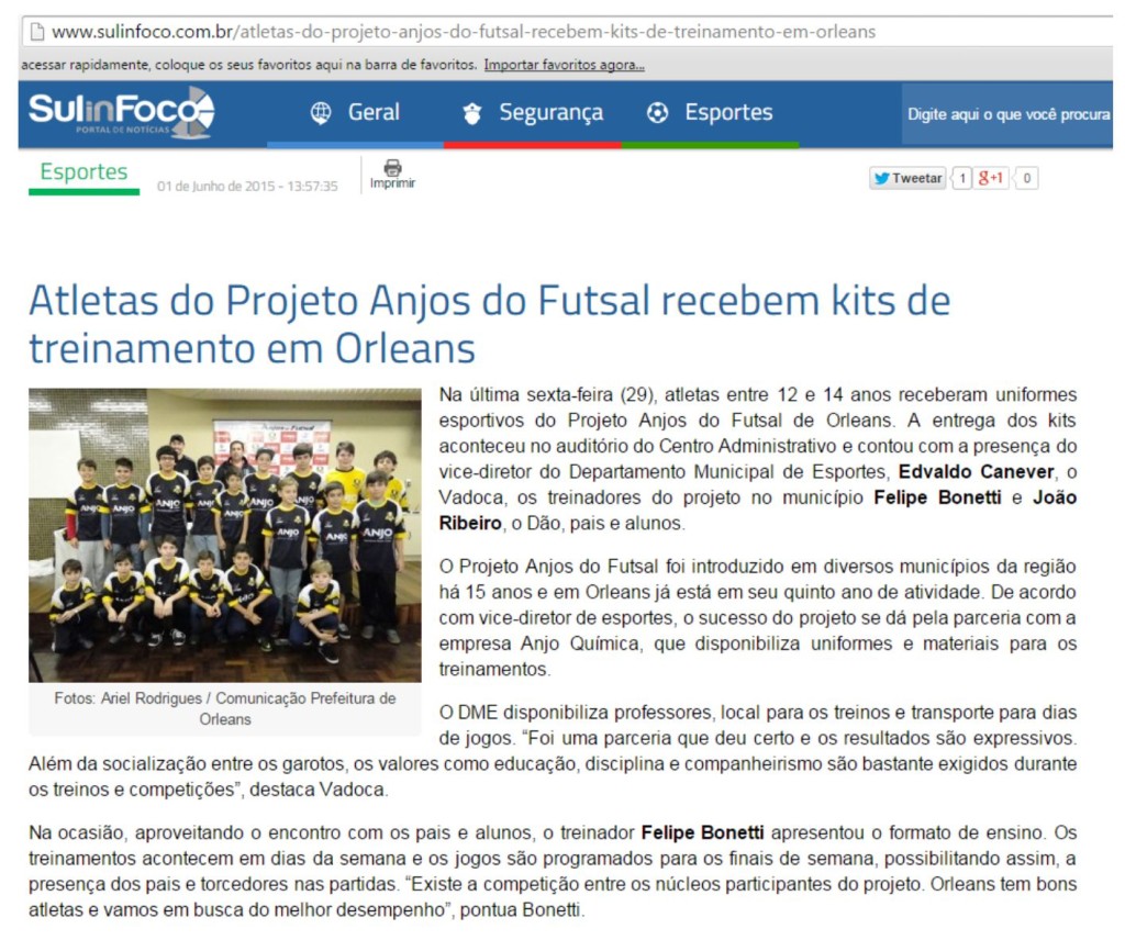 Anjos do Futsal no Portal Sul In Foco - 01/06/2015