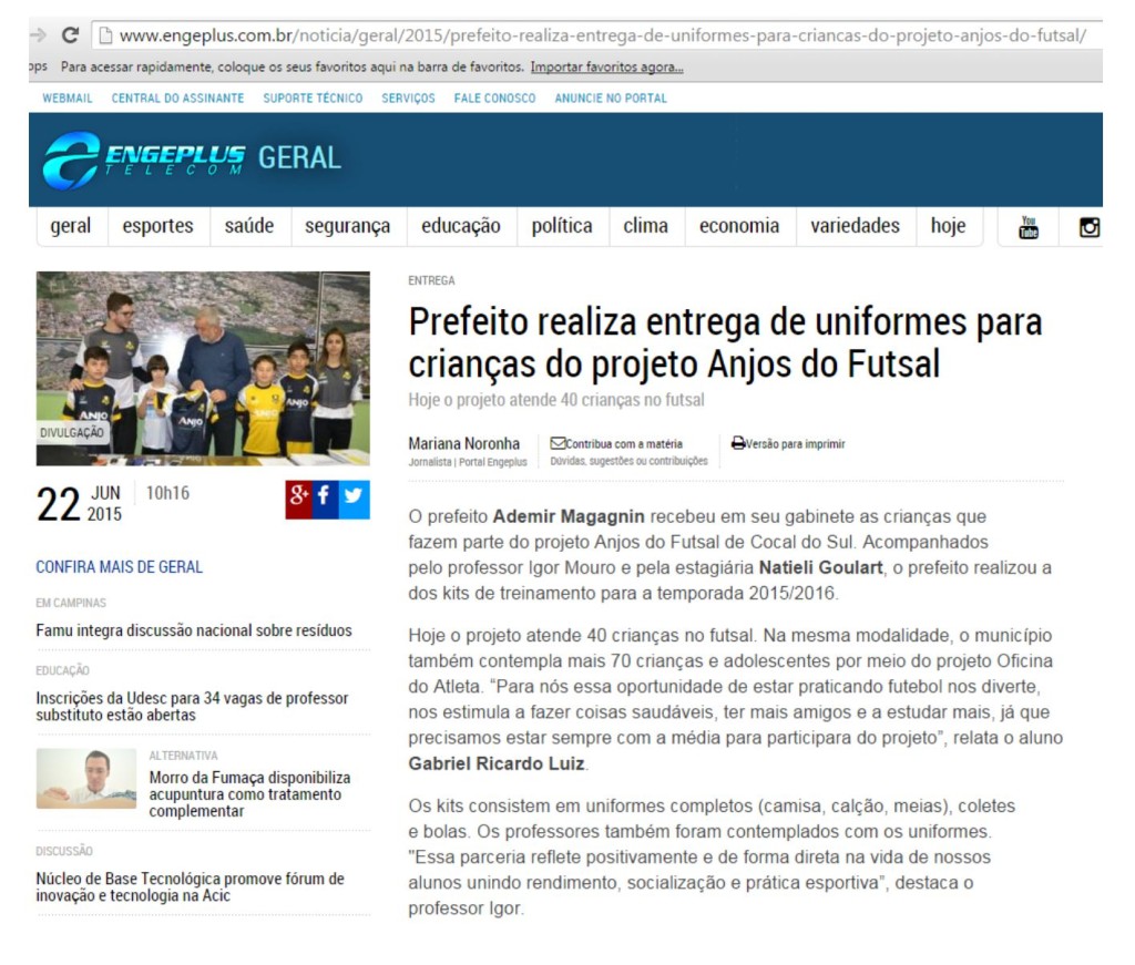 Anjos do Futsal no Portal Engeplus - 22/06/2015