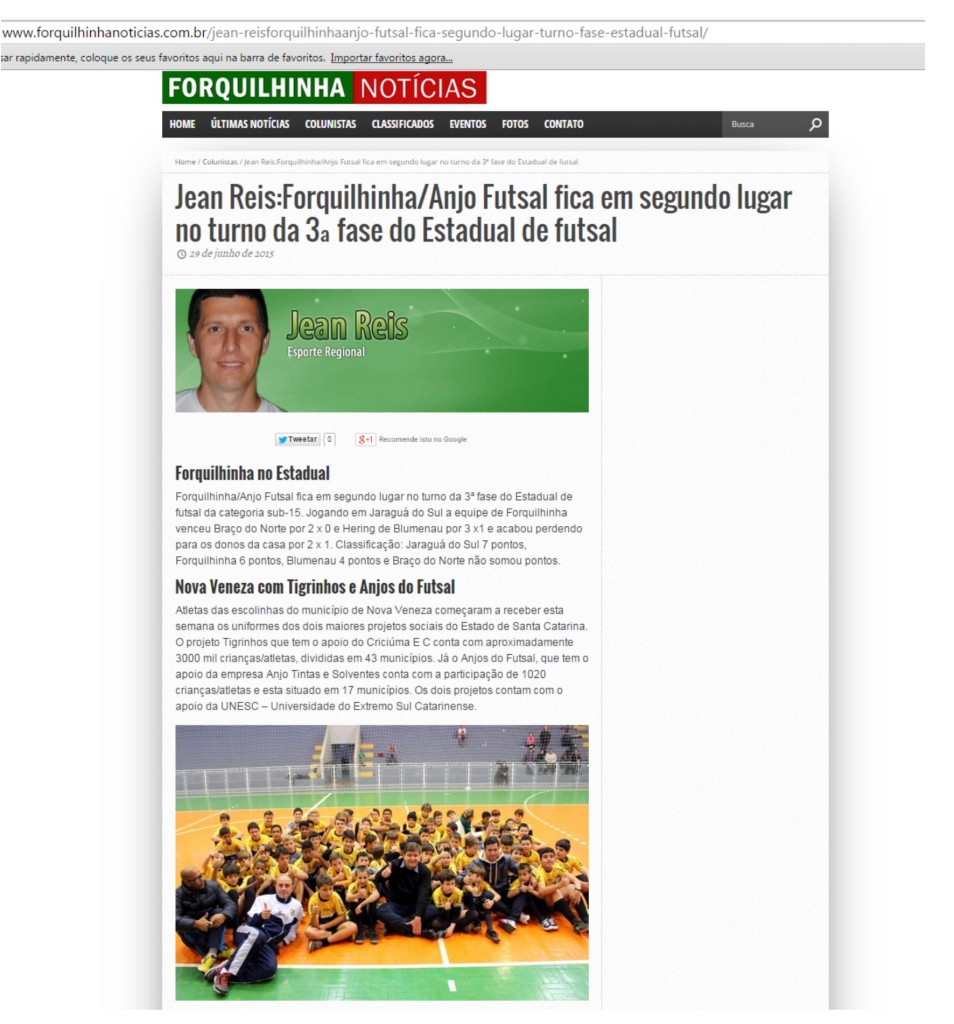 Anjos do Futsal no Portal Forquilhinha - 29/06/2015