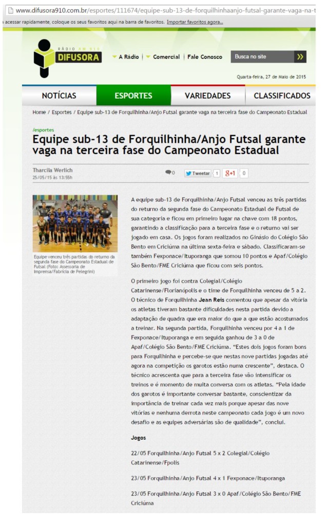 Anjos do Futsal no Portal da Rádio Difusora - 25/05/2015