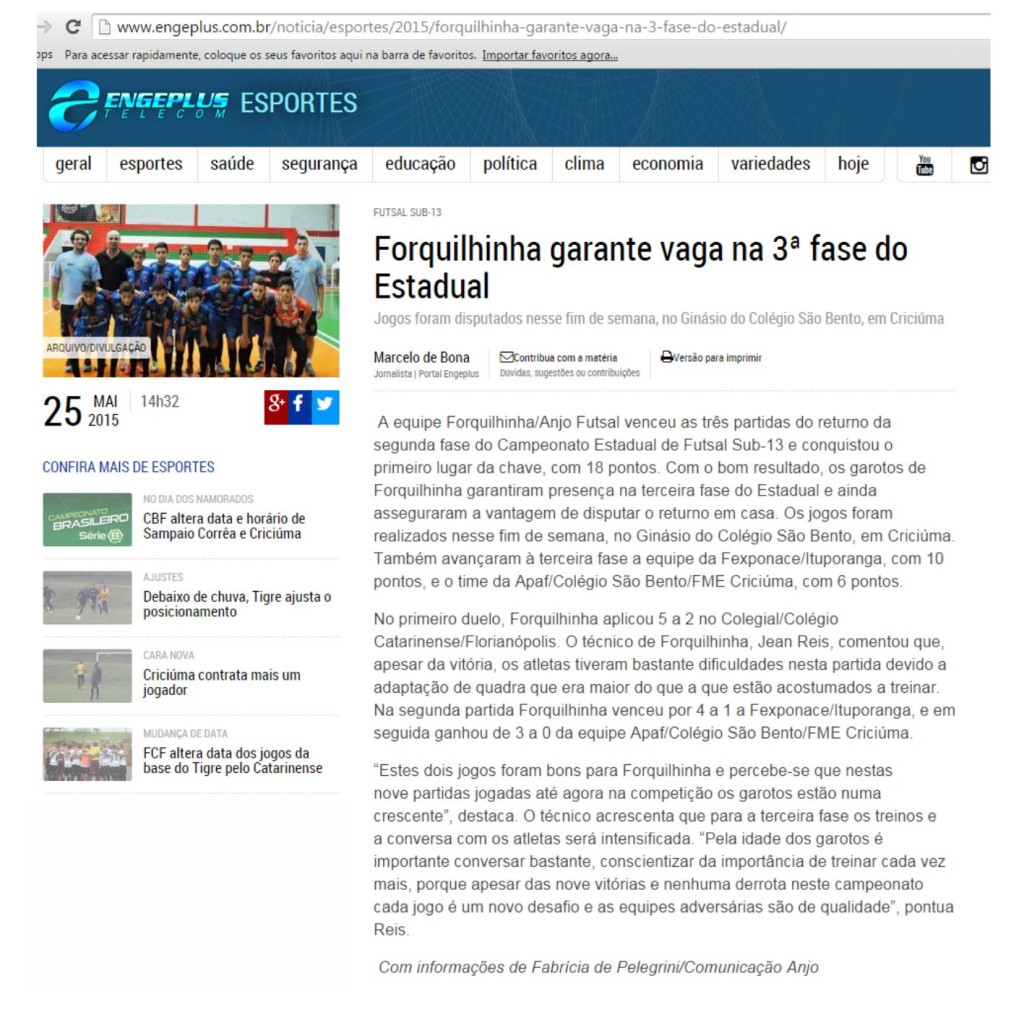 Anjos do Futsal no Portal Engeplus - 25/015/2015
