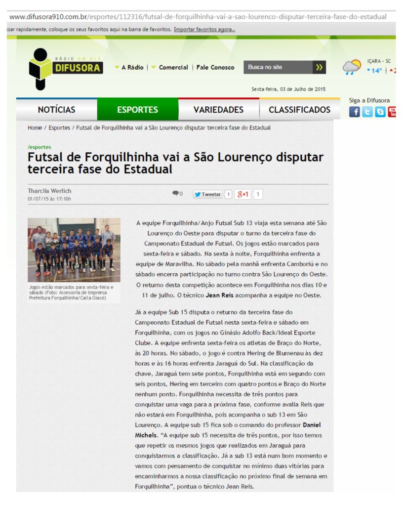 Anjos do Futsal no Portal Rádio Difusora - 01/07/2015
