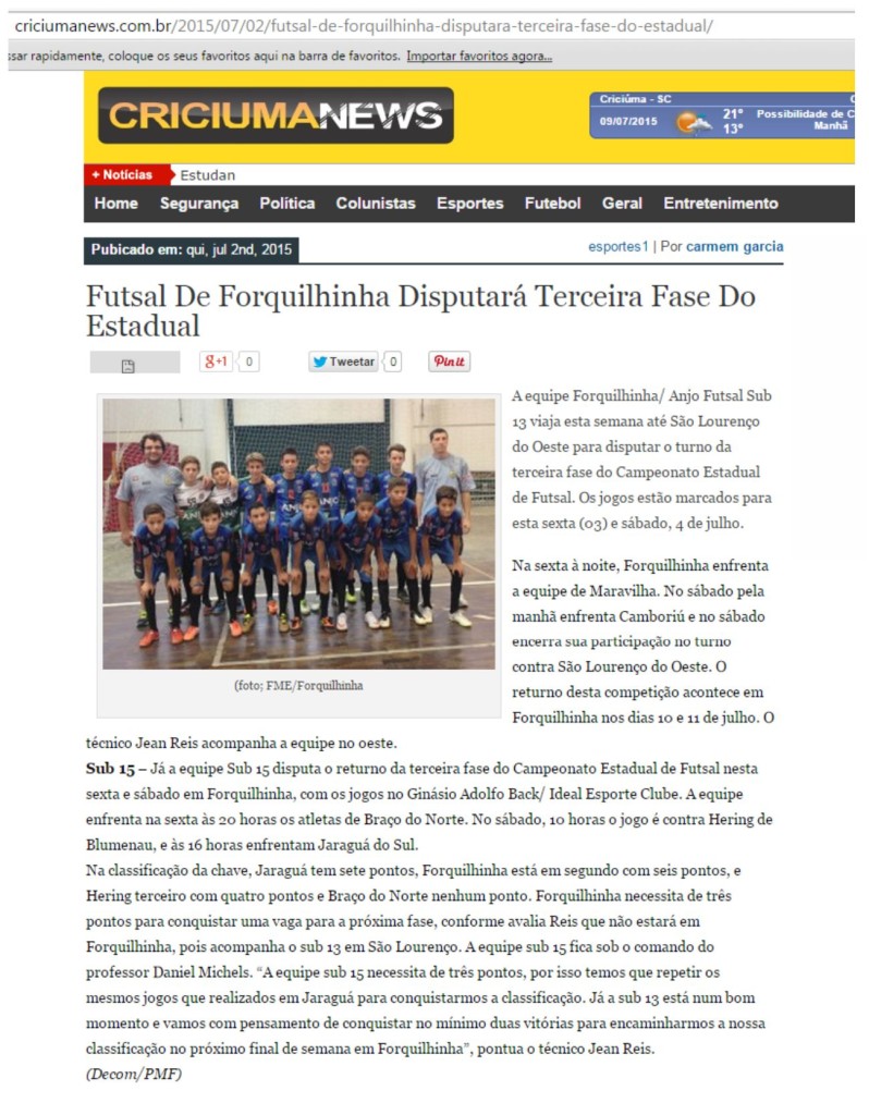 Anjos do Futsal no Portal Criciúma News - 02/07/2015