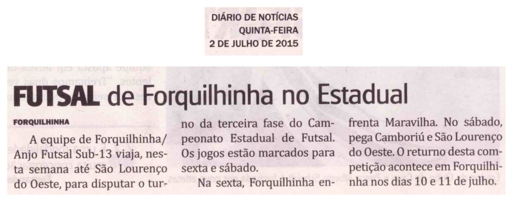 Anjos do Futsal no Jornal Diário de Notícias - 02/07/2015