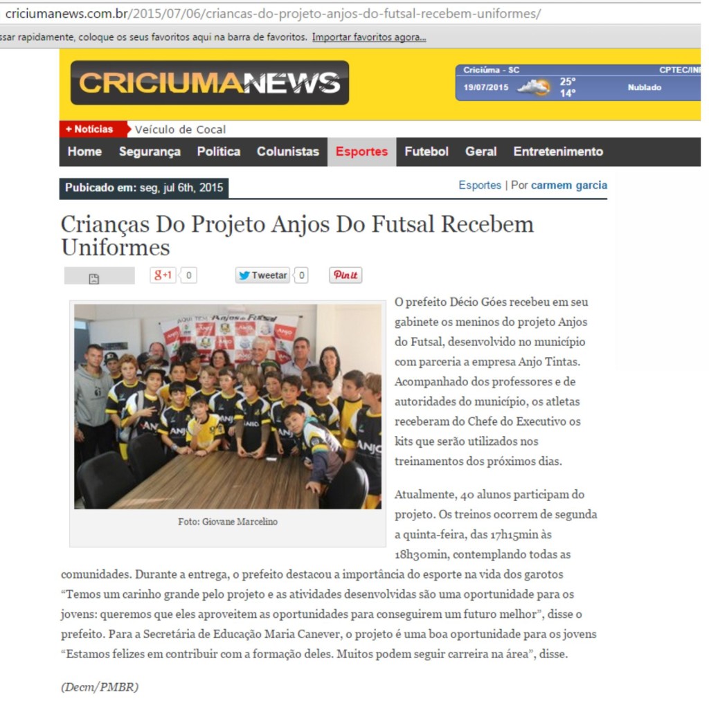 Anjos do Futsal no Portal Criciúma News - 06/07/2015