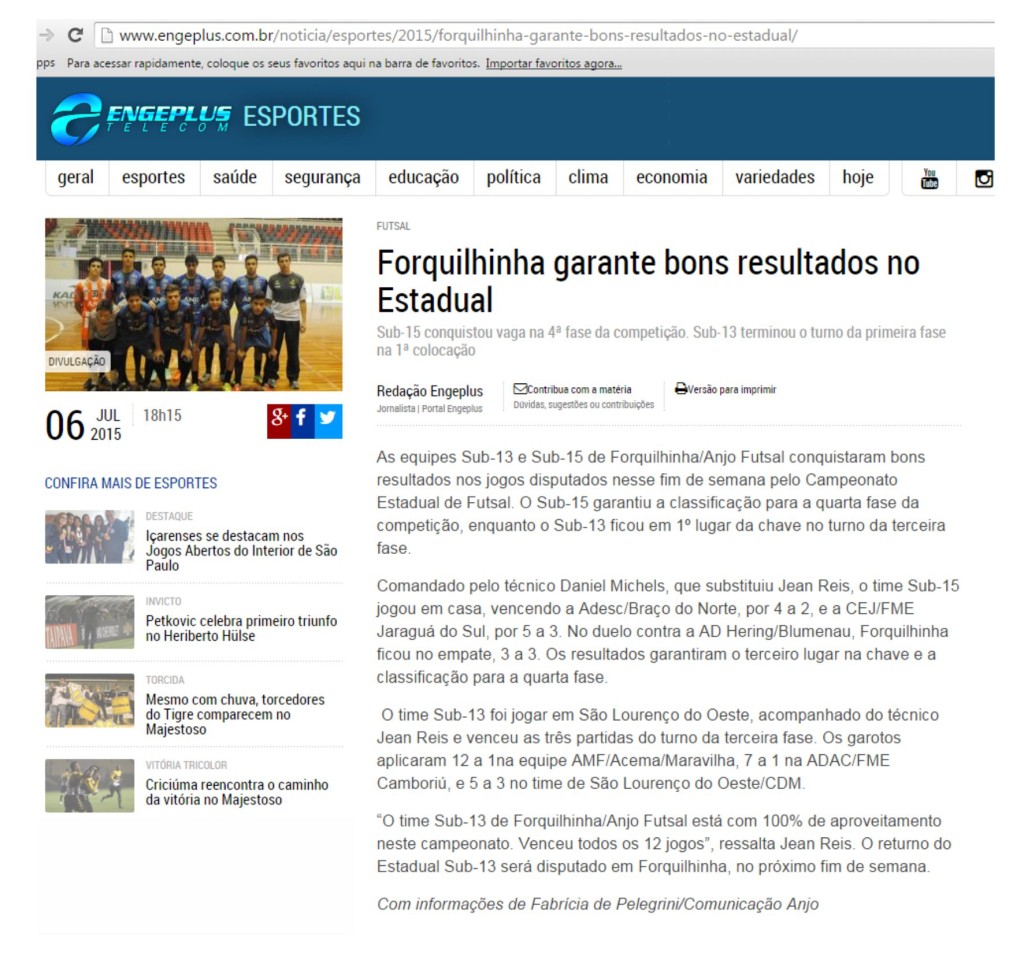 Anjos do Futsal no Portal Engeplus - 06/07/2015