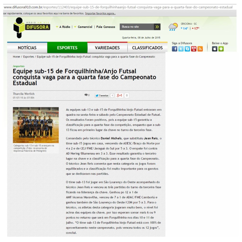 Anjos do Futsal no Portal Rádio Difusora - 07/07/2015