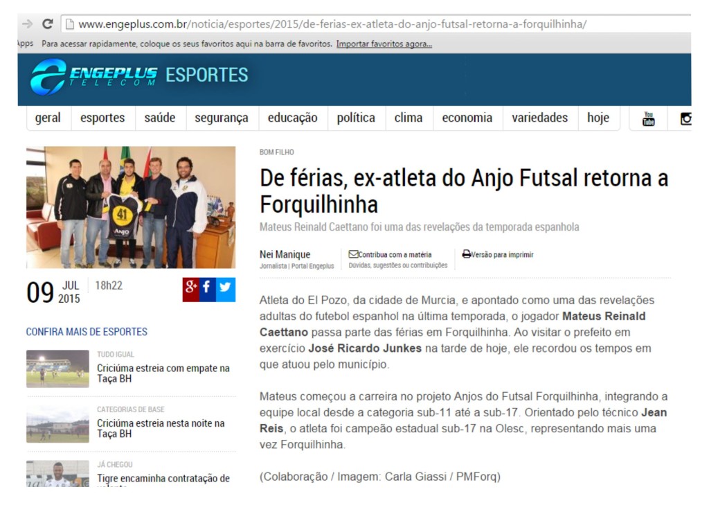 Anjos do Futsal no Portal Engeplus - 09/07/2015