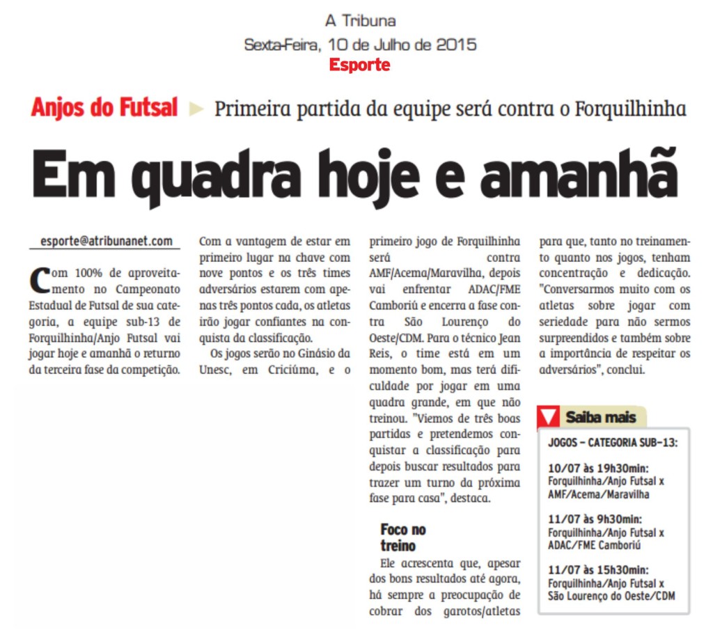 Anjos do Futsal no Jornal A Tribuna - 10/07/2015