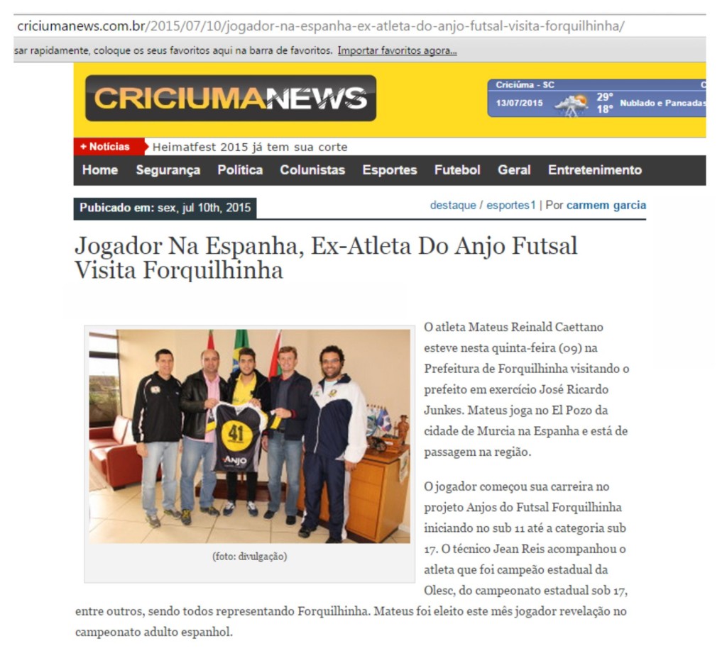 Anjos do Futsal no Portal Criciúma News - 10/07/2015