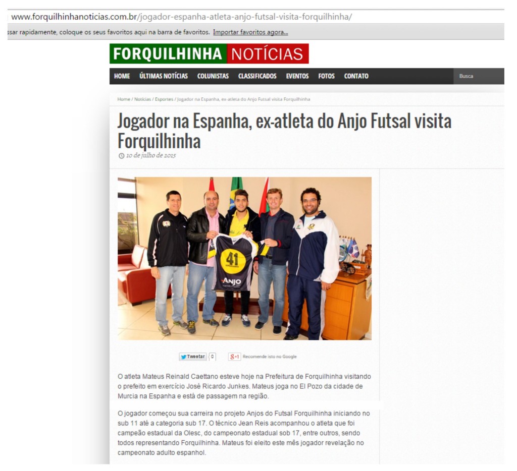 Anjos do Futsal no Portal Forquilhinha Notícias - 10/07/2015