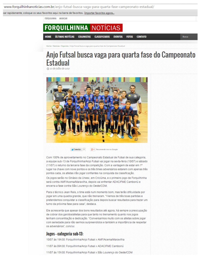 Anjos do Futsal no Portal Forquilhinha Notícias - 10/07/2015