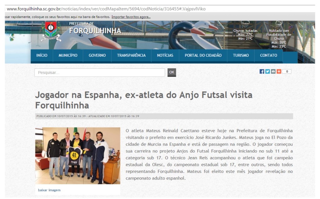 Anjos do Futsal no Portal Prefeitura de Forquilhinha - 10/07/2015