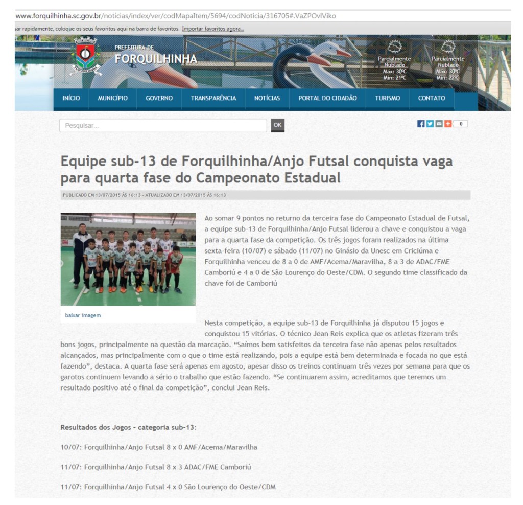 Anjos do Futsal no site da Prefeitura de Forquilhinha - 13/07/2015