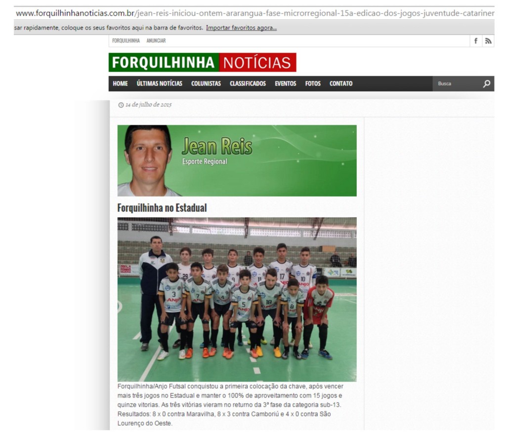 Anjos do Futsal no Portal Forquilhinha Notícias - 14/07/2015