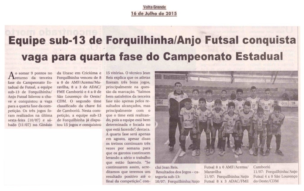 Anjos do Futsal no Jornal Volta Grande - 16/07/2015