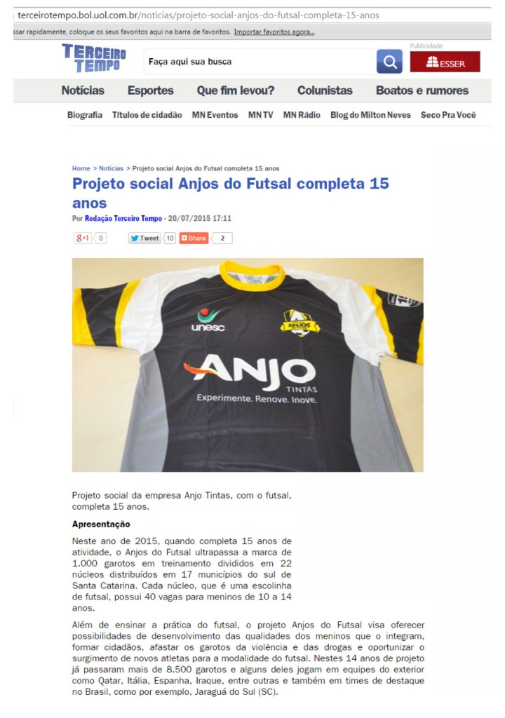Anjos do Futsal no Portal Terceiro Tempo - 20/07/2015