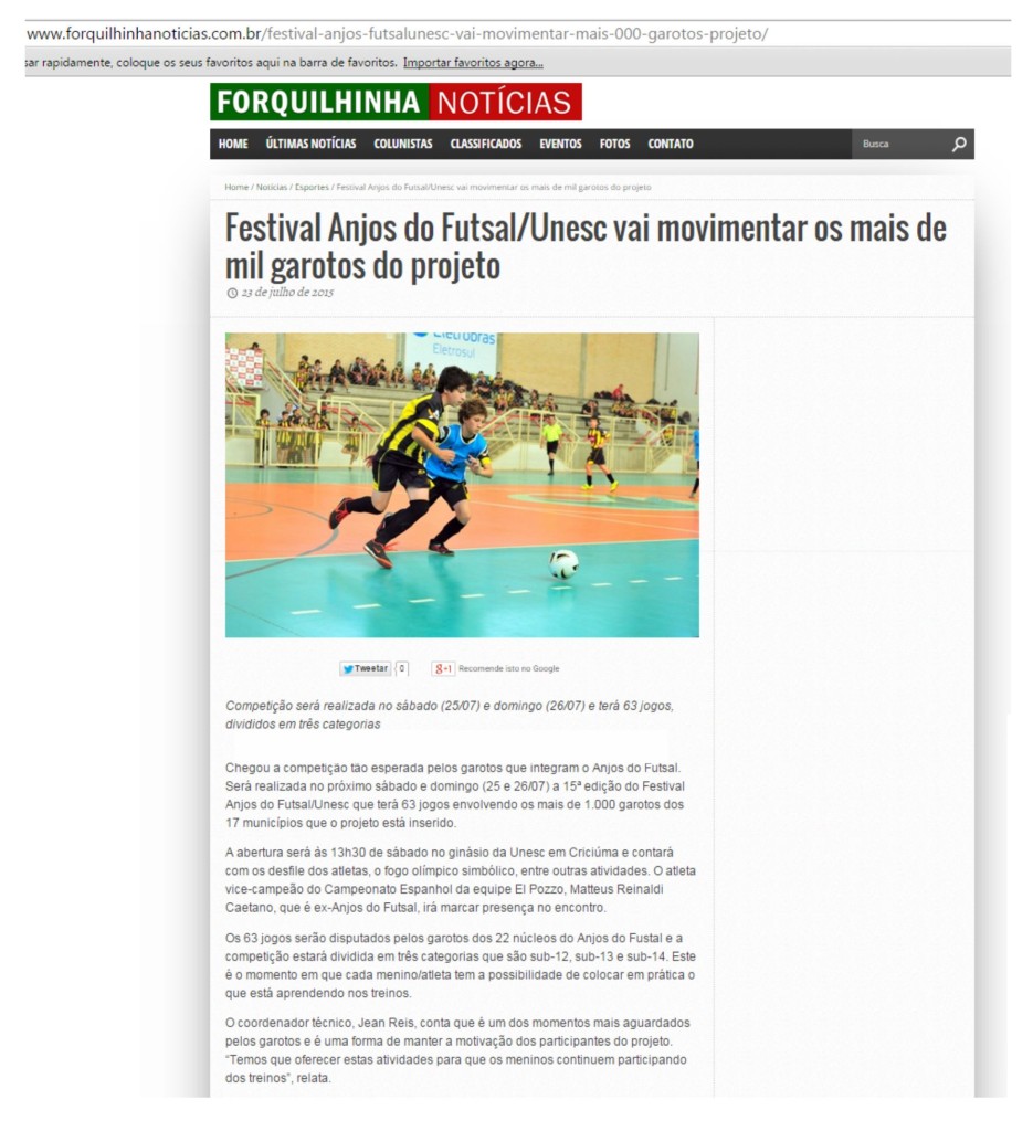 Anjos do Futsal no Portal Forquilhinha Notícias - 23/07/2015