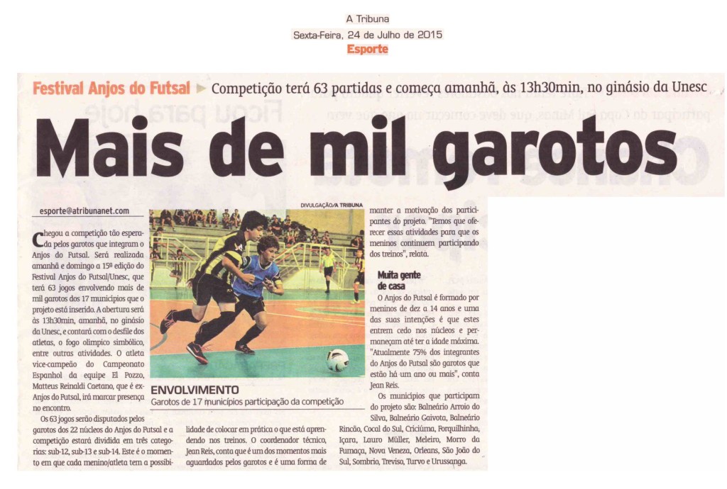 Anjos do Futsal no Jornal A Tribuna – 24/07/2015