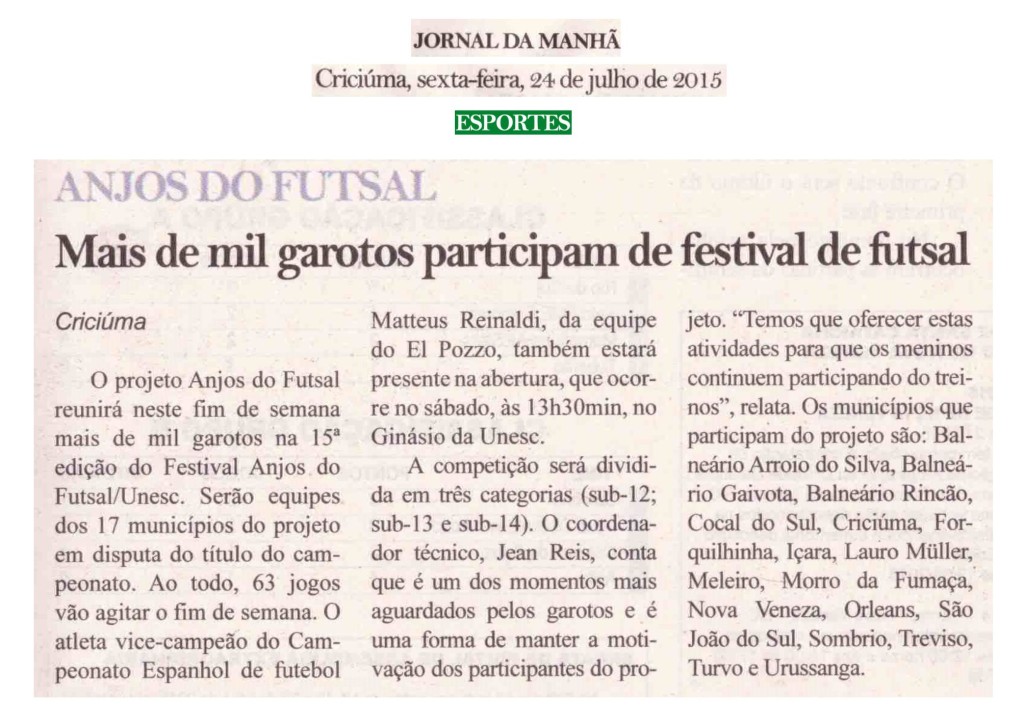 Anjos do Futsal no Jornal da Manhã – 24/07/2015