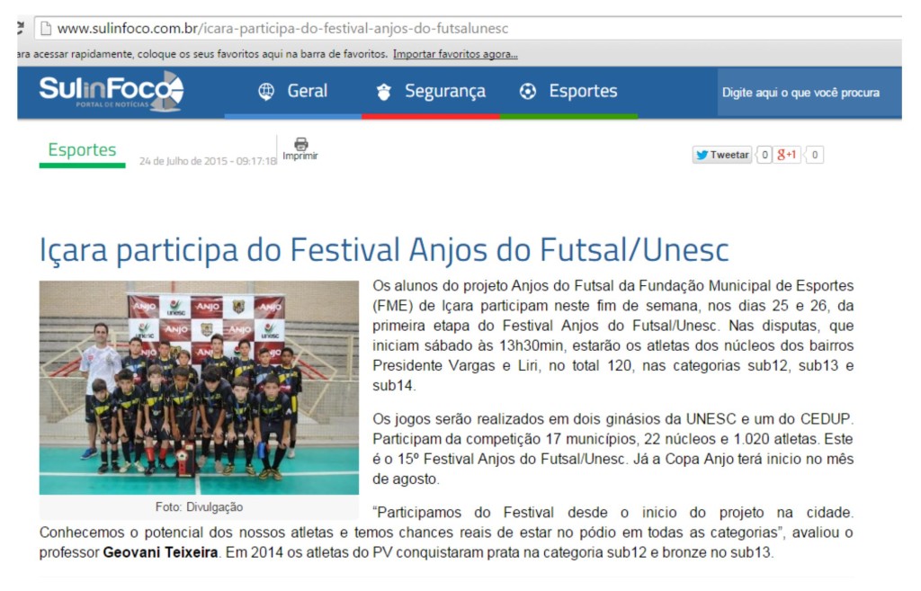 Anjos do Futsal no Portal Sul in Foco – 24/07/2015