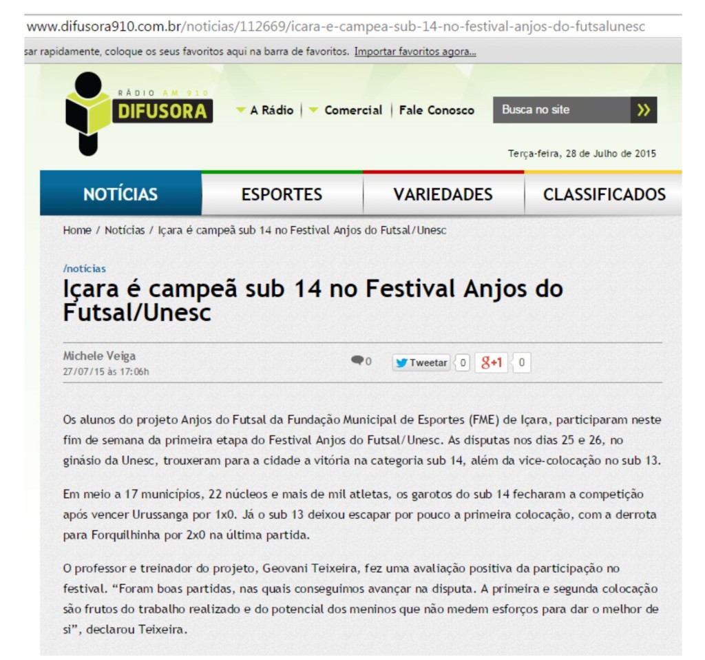 Anjos do Futsal no Portal Rádio Difusora – 27/07/2015