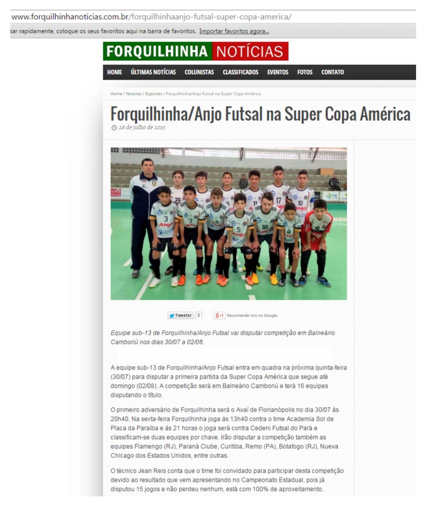 Anjos do Futsal no Portal Forquilhinha Notícias – 28/07/2015