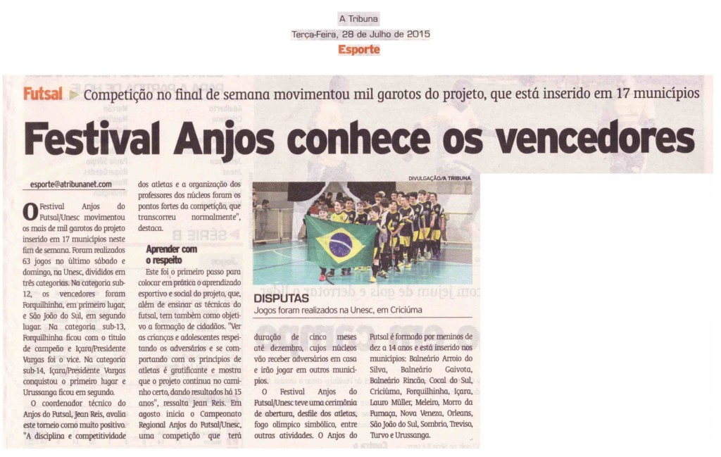 Anjos do Futsal no Jornal A Tribuna – 28/07/2015