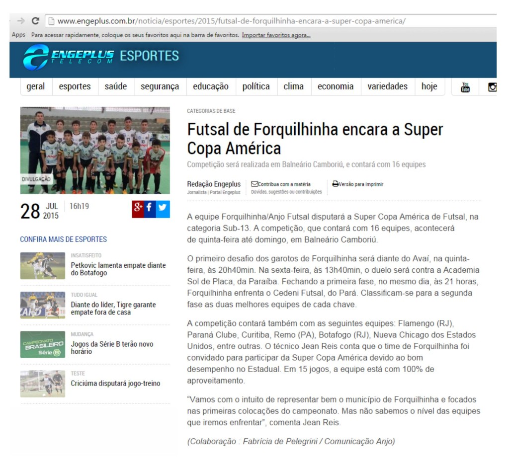 Anjos do Futsal no Portal Engeplus – 28/07/2015