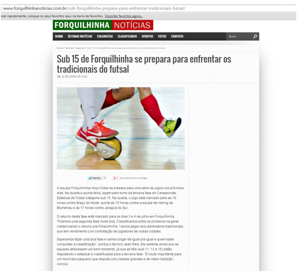 Anjos do Futsal no Portal Forquilhinha - 23/06/2015