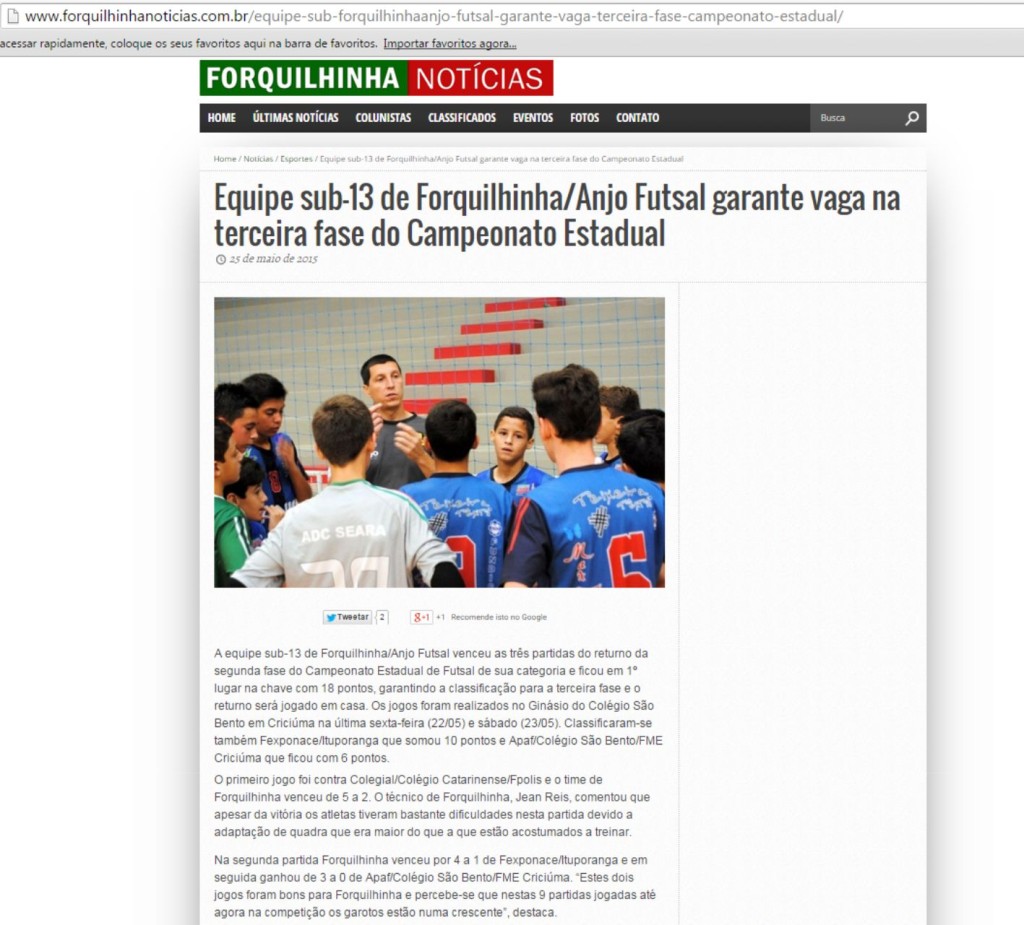 Anjos do Futsal no Portal Forquilhinha - 25/06/2015