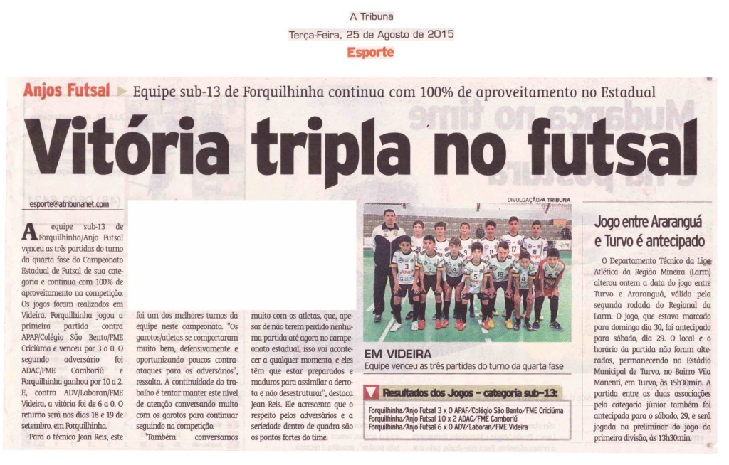 Anjos do Futsal no Jornal A Tribuna - 25/08/2015