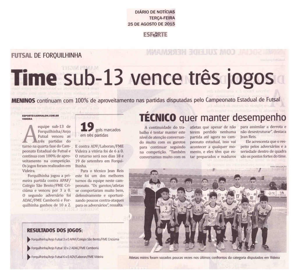 Anjos do Futsal no Jornal Diário de Notícias - 25/08/2015