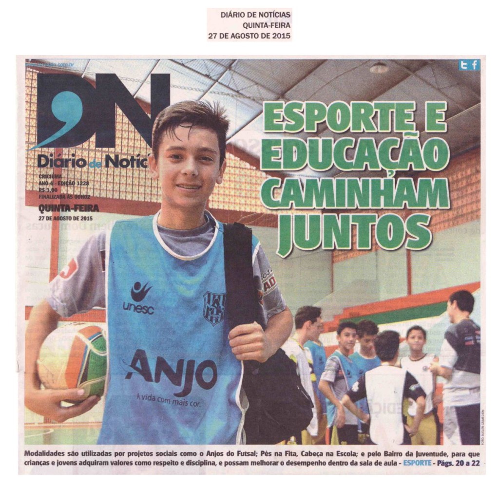 Anjos do Futsal no Jornal Diário de Notícias - 27/08/2015 - CAPA