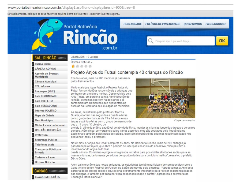 Anjos do Futsal no Portal Balneário Rincão