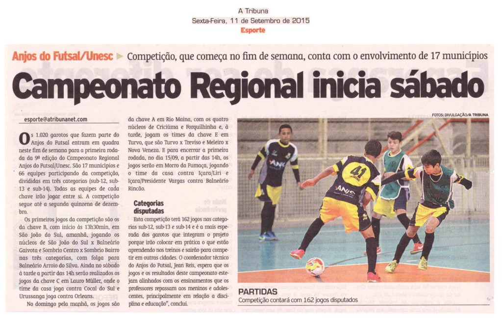 Anjos do Futsal no Jornal A Tribuna - 11/09/2015