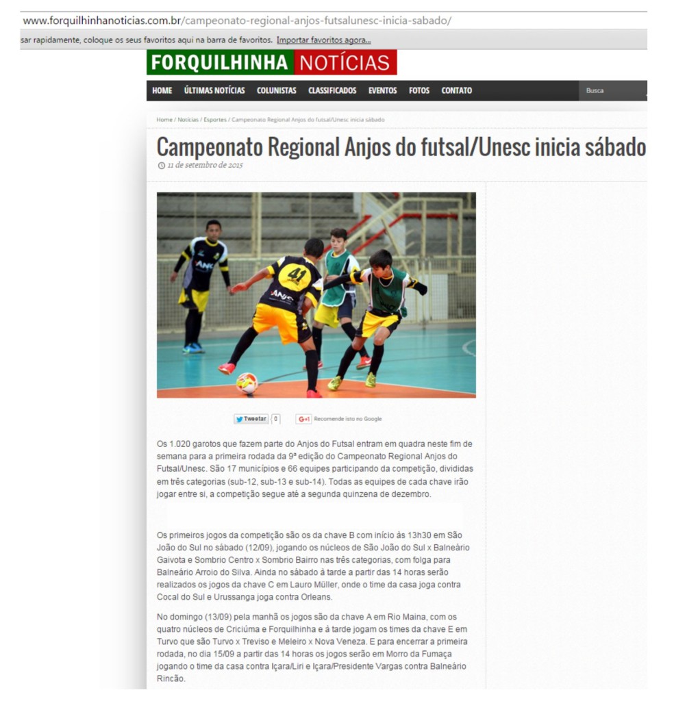Anjos do Futsal no Portal Forquilhinha Notícias - 11/09/2015