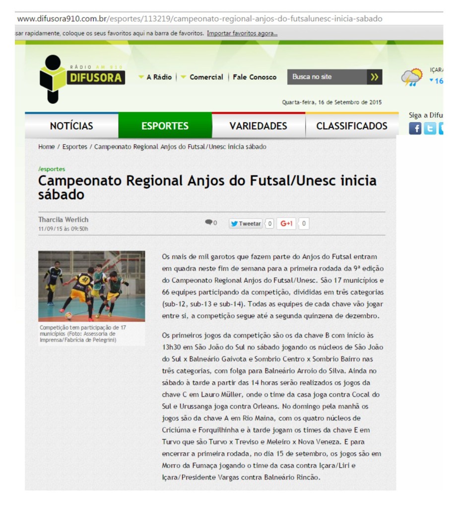 Anjos do Futsal no Portal da Rádio DIfusora - 11/09/2015