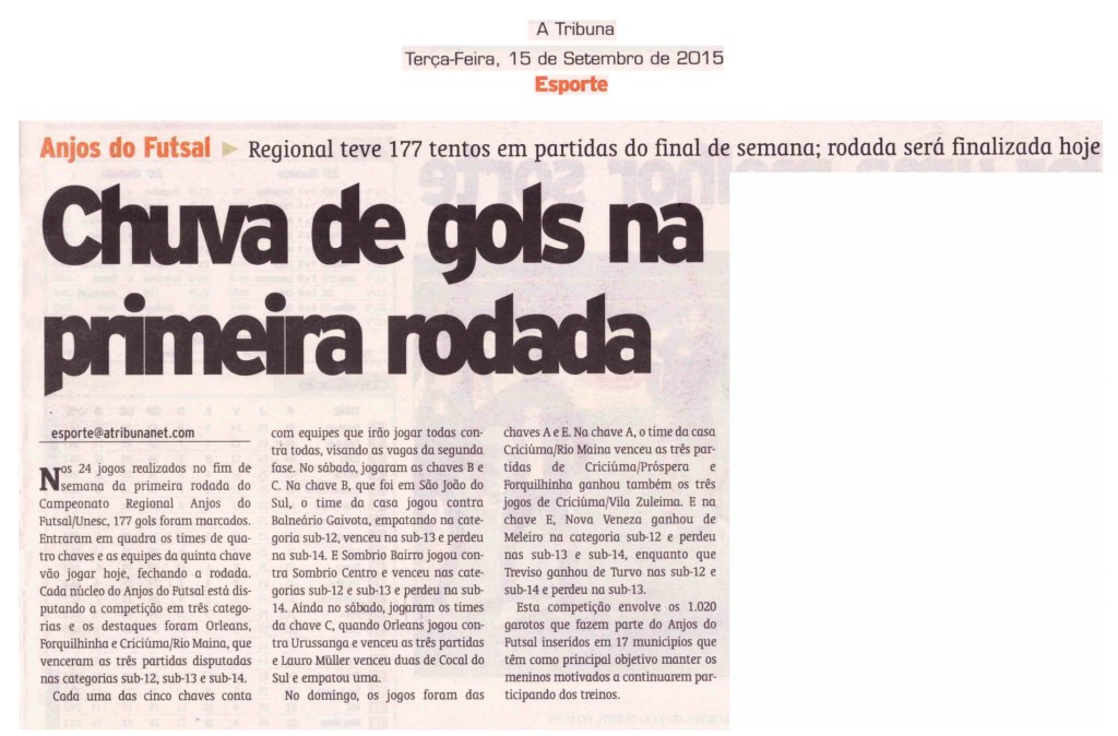 Anjos do Futsal no Jornal A Tribuna - 15/09/2015